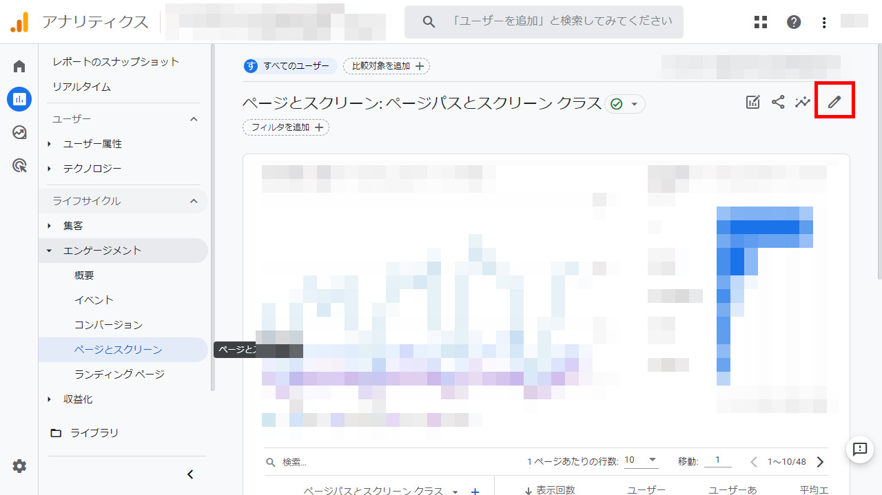 画面右側にある鉛筆マーク(レポートをカスタマイズ)をクリック